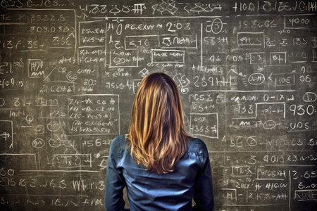 a woman looking at a blackboard with math equationsの素材