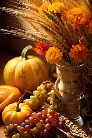 a vase with flowers and fruitsの素材