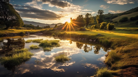 a sun shining through clouds over a body of waterの素材