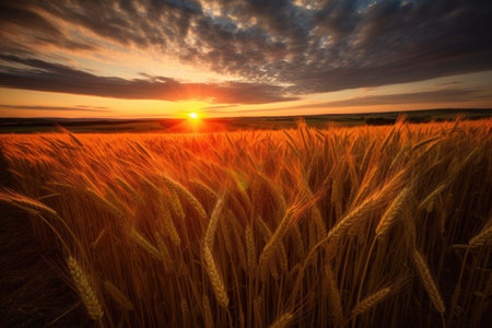 a field of wheat with the sun setting behind itの素材
