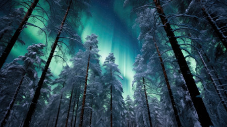 a snowy forest with trees and green lightsの素材