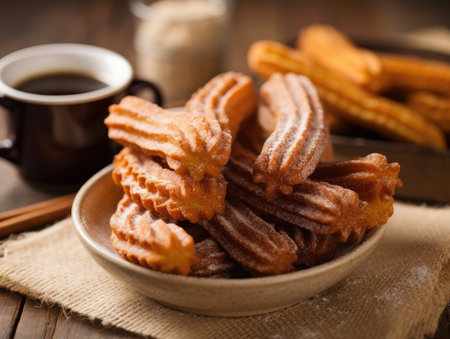 a bowl of churros with a cup of coffeeの素材