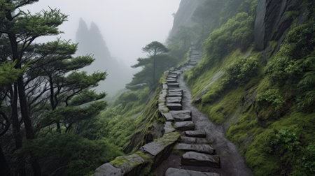 a stone path with trees and fogの素材
