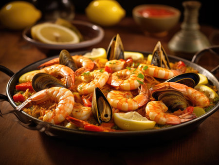 a pan of seafood with lemons and riceの素材