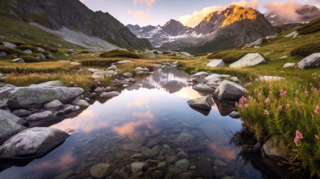 a mountain landscape with a pond and flowersの素材