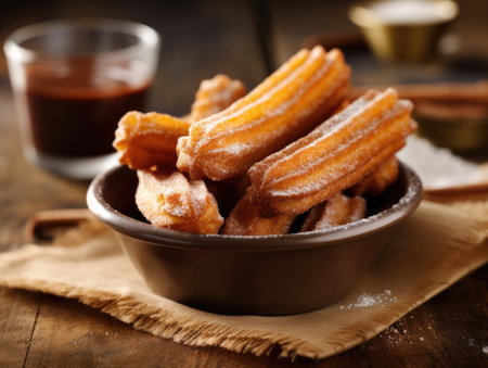 a bowl of churros with sugar powderの素材