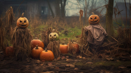 a group of pumpkins in a fieldの素材