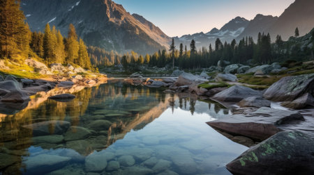 a lake surrounded by trees and mountainsの素材
