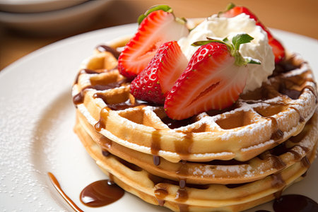 a waffle with strawberries and whipped cream on topの素材