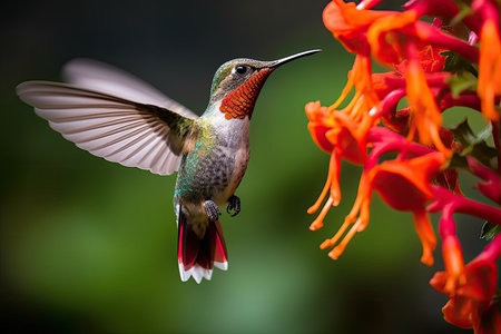 a hummingbird flying next to a flowerの素材