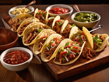a group of tacos on a wooden boardの素材