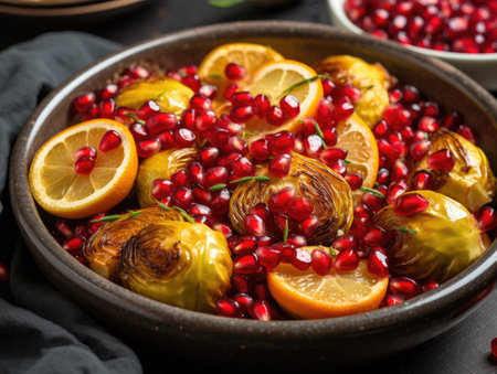 a bowl of food with lemons and pomegranate seedsの素材