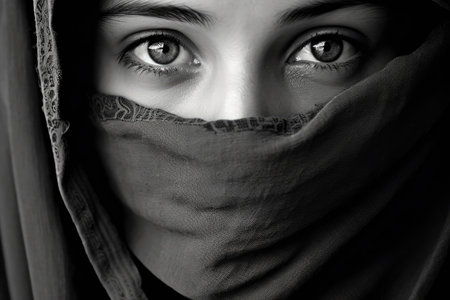 a woman with a scarf over her faceの素材