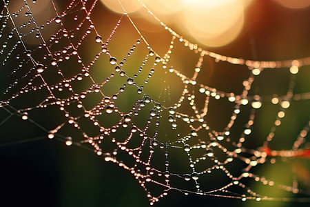 a spider web with water droplets on itの素材
