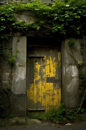 a yellow door with ivy on itの素材
