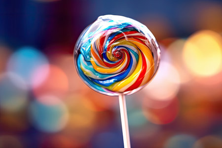 a colorful swirl lollipop on a stickの素材