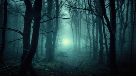 a foggy forest with trees and a lightの素材
