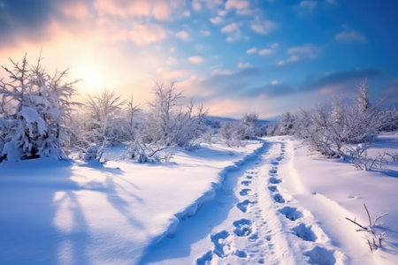 a snow covered path with trees and a blue skyの素材