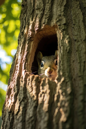 a squirrel peeking out of a hole in a treeの素材