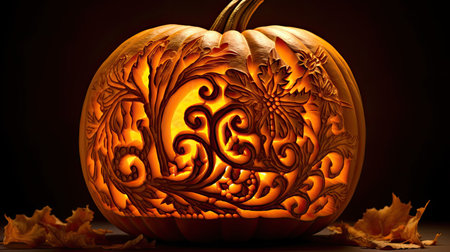 a carved pumpkin with a light insideの素材
