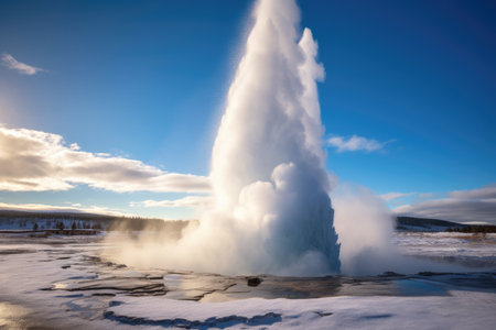 a geyser erupting in a snowy areaの素材