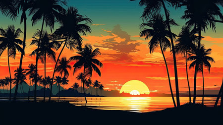 a sunset over a beach with palm treesの素材