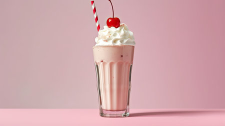 a glass of milkshake with whipped cream and a cherry on topの素材