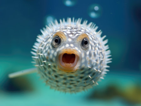 a puffer fish with its mouth openの素材