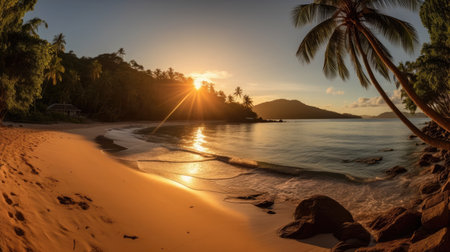a beach with palm trees and a sunsetの素材
