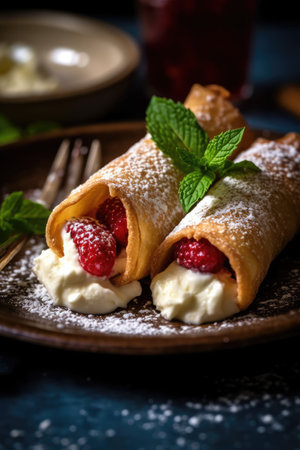 a plate of crepes with strawberries and creamの素材
