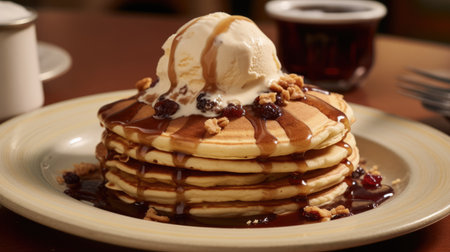 a stack of pancakes with ice cream and syrupの素材