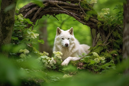 a white wolf in a treeの素材