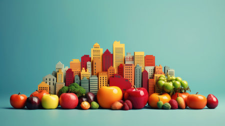 a group of fruit and vegetables in front of a cityの素材