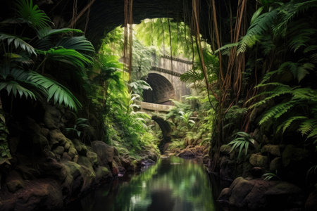 a bridge over a river with trees and plantsの素材