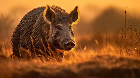 a wild boar in a fieldの素材