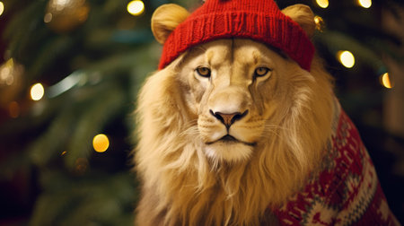 a lion wearing a red hatの素材
