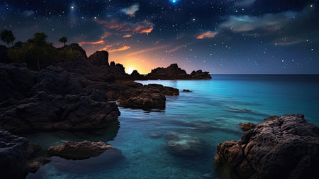 a rocky shore with a body of water and a starry skyの素材