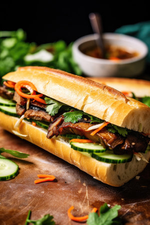 a sandwich with meat and vegetablesの素材