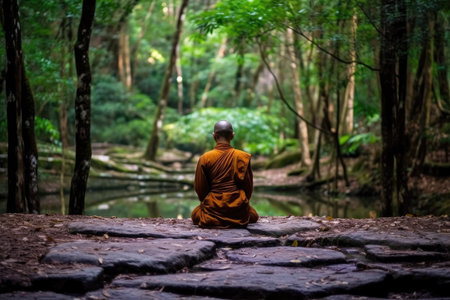 a person sitting on a rock in the woodsの素材
