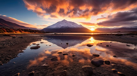 a sunset over a lake with a mountain in the backgroundの素材