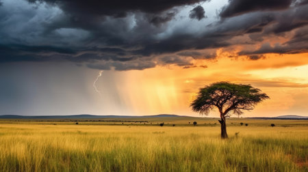 a tree in a field with a lightning bolt in the skyの素材