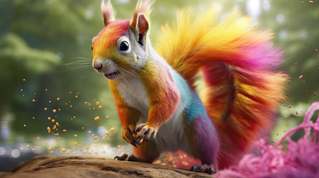 a colorful squirrel standing on a logの素材