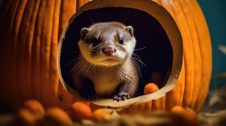 an otter in a carved pumpkinの素材