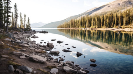 a body of water with trees and mountains in the backgroundの素材