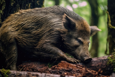 a wild boar lying on a logの素材