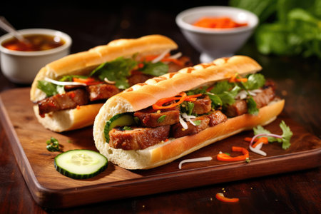 a sandwich with meat and vegetables on a wooden boardの素材