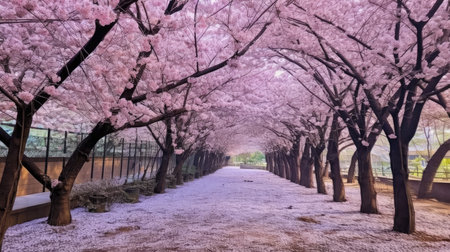 a path with pink flowers on treesの素材