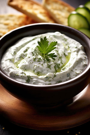 a bowl of white sauce with a leafy green sprig on topの素材