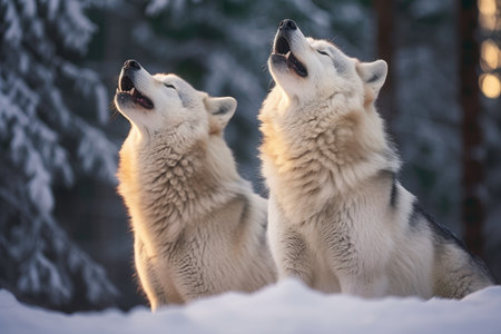 a couple of white wolves in the snowの素材