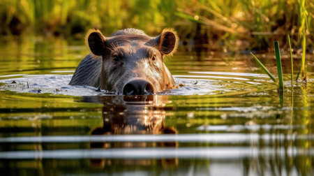 a hippo swimming in waterの素材